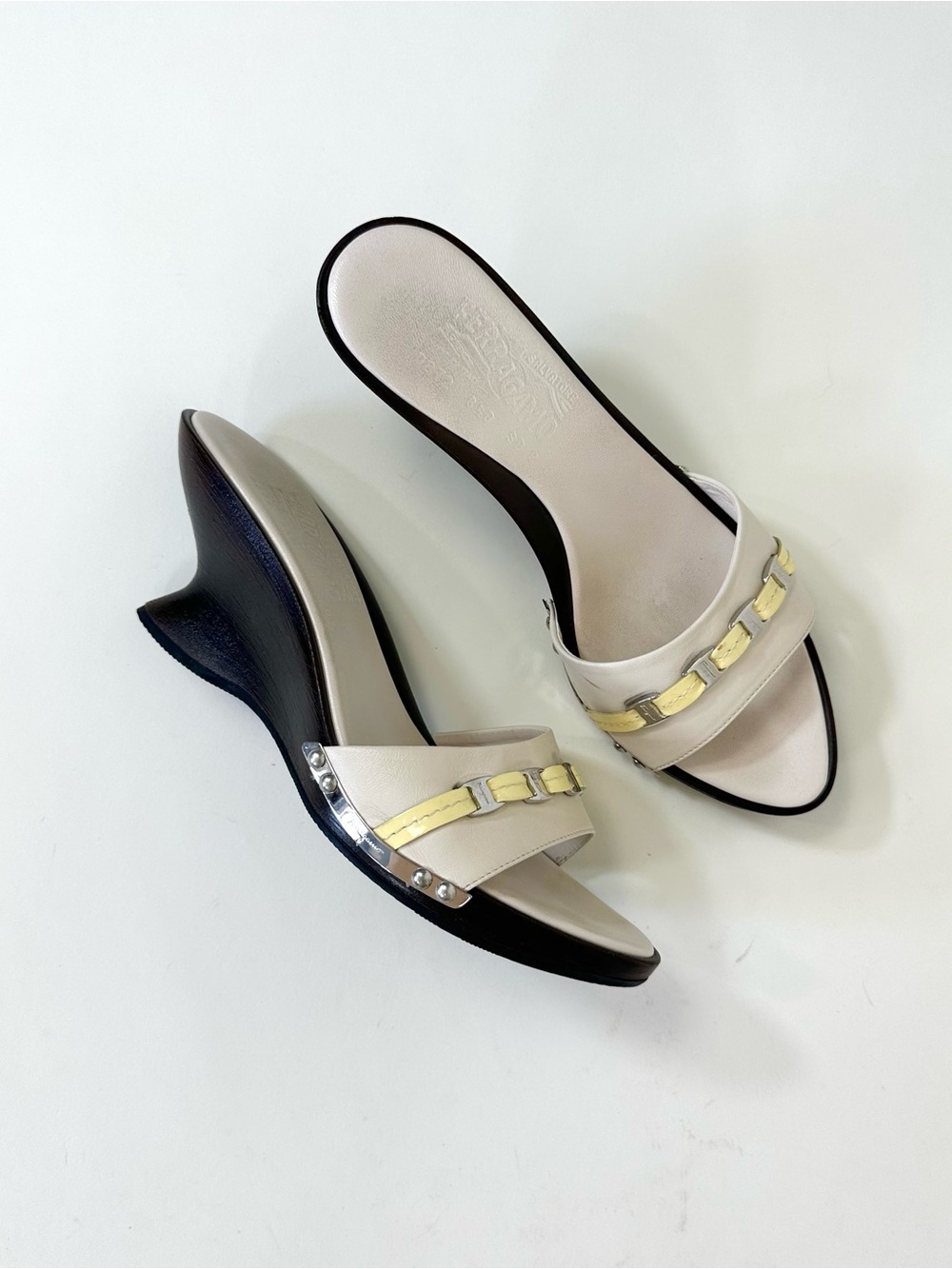 Vintage Salvatore Ferragamo Cream and Black Wedge Slide Sandals